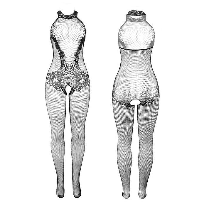 SUBBLIME - 951801 FISKNÄT OCH SPETS CROTCHLESS BODYSTOCKING MED HÖG HALS SVART ONE SIZE