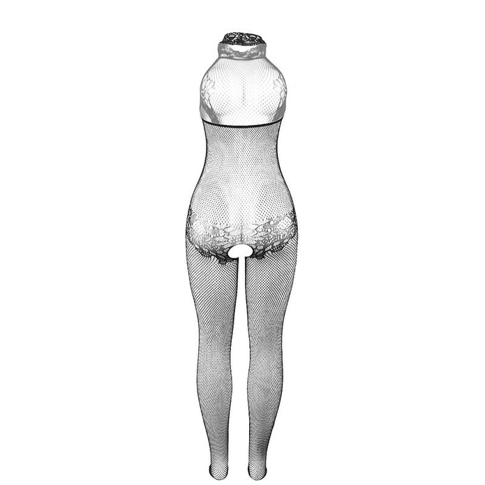 SUBBLIME - 951801 FISKNÄT OCH SPETS CROTCHLESS BODYSTOCKING MED HÖG HALS SVART ONE SIZE