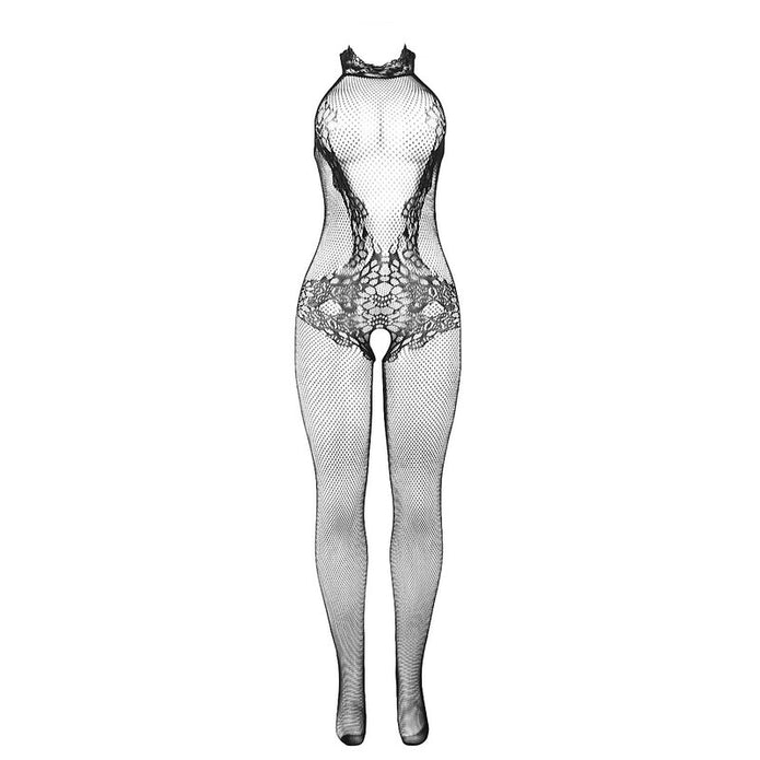 SUBBLIME - 951801 FISKNÄT OCH SPETS CROTCHLESS BODYSTOCKING MED HÖG HALS SVART ONE SIZE