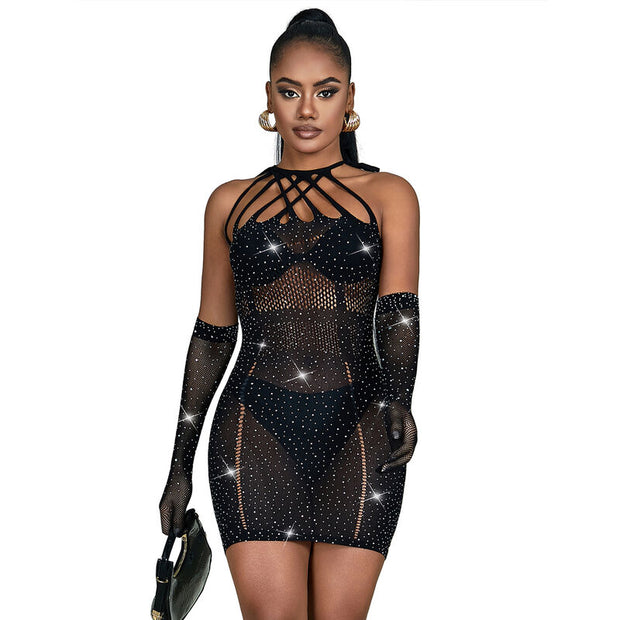 SUBBLIME - 952235 FISKNÄTSKLÄNNING MED STRASS SVART ONE SIZE