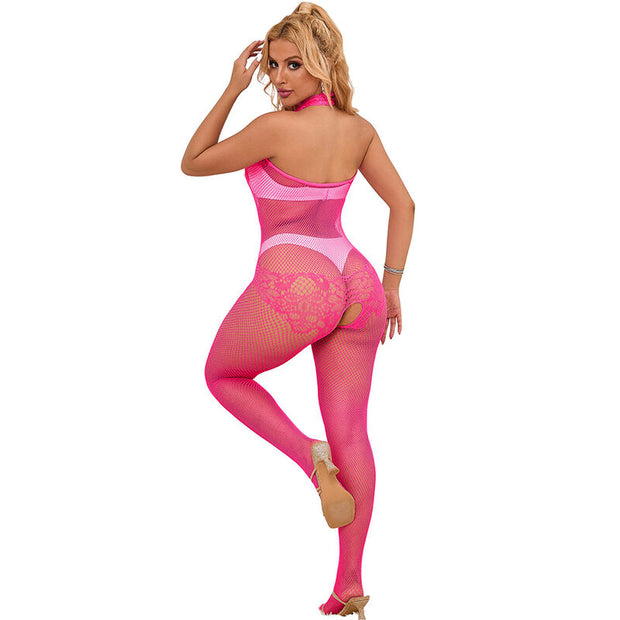 SUBBLIME - 952389 FISKNÄTS- OCH SPETSBODYSTRUMPOR MED ÖPPEN GREN OCH HÖG HALS ROSA ONE SIZE