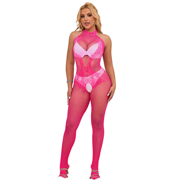 SUBBLIME - 952389 FISKNÄTS- OCH SPETSBODYSTRUMPOR MED ÖPPEN GREN OCH HÖG HALS ROSA ONE SIZE