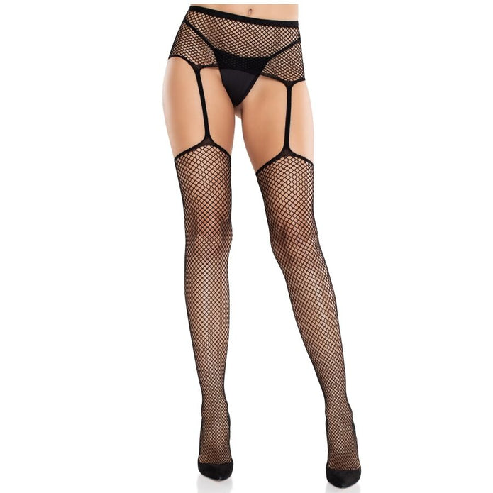 LEG AVENUE - LACE STOCKINGS WITH CROSS AND GARTER BELT BLACK