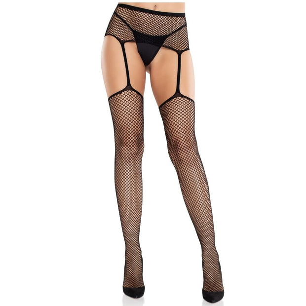 LEG AVENUE - LACE STOCKINGS WITH CROSS AND GARTER BELT BLACK