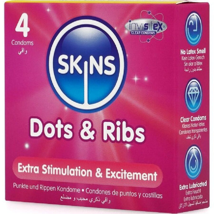 SKINS - Kuviolliset Dots & Ribs -kondomit 4 kpl