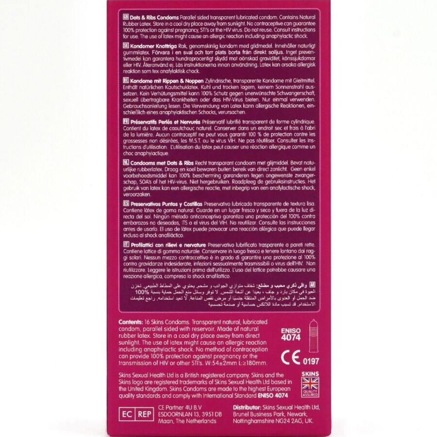 SKINS - Kuviolliset Dots & Ribs -kondomit 16 kpl
