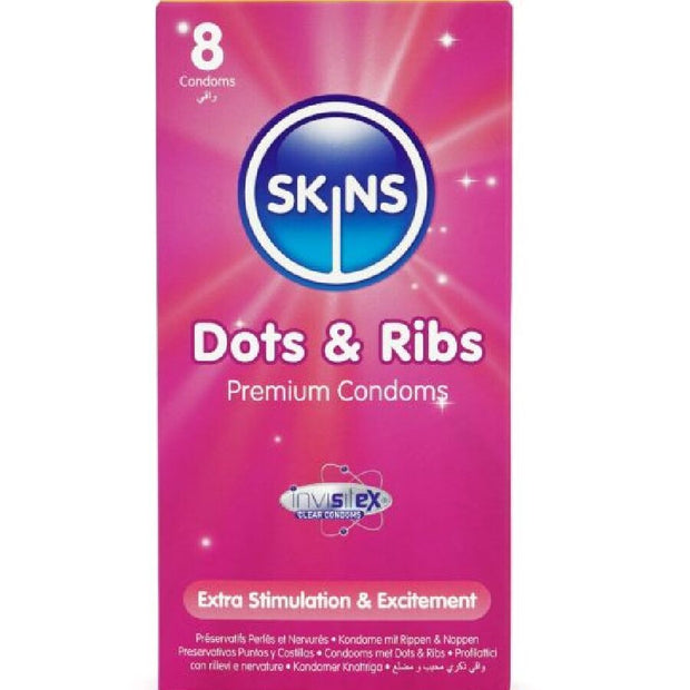 SKINS - Kuviolliset Dots & Ribs -kondomit 8 kpl