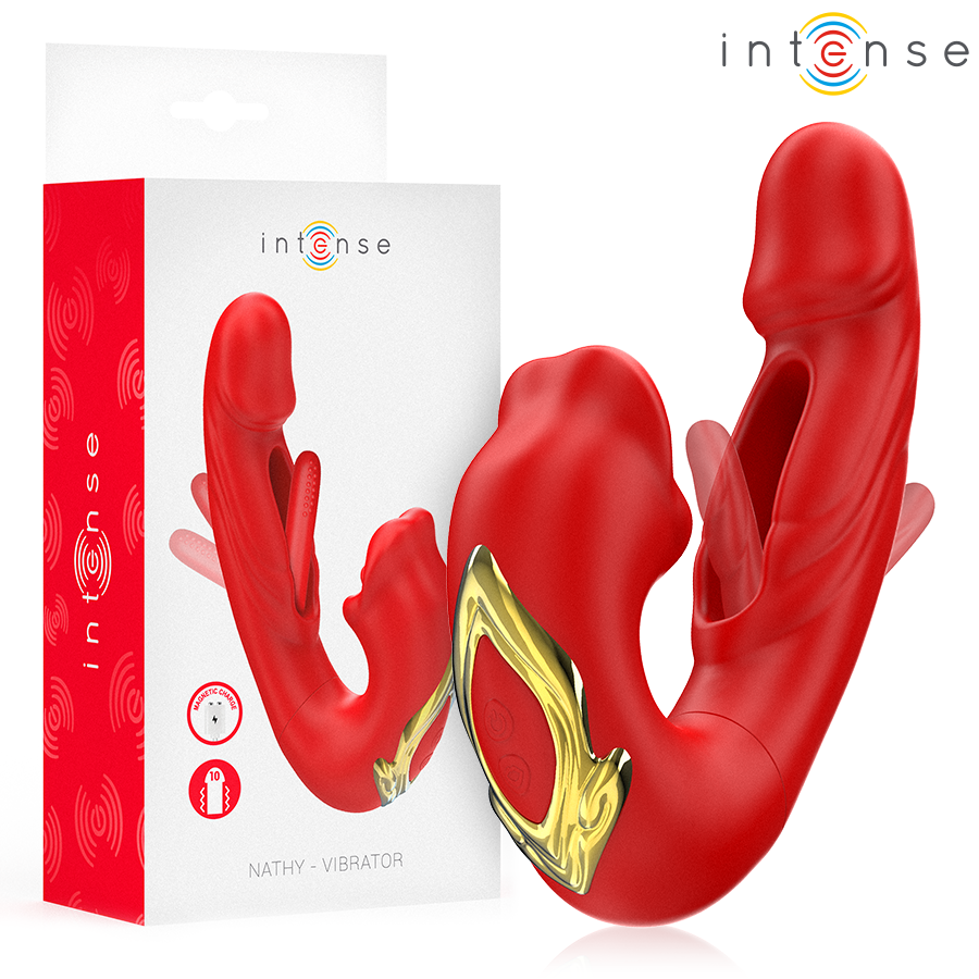 INTENSE - NATHY DOUBLE VIBRATOR WITH MULTIFUNCTION STIMULATING MOUTH RED