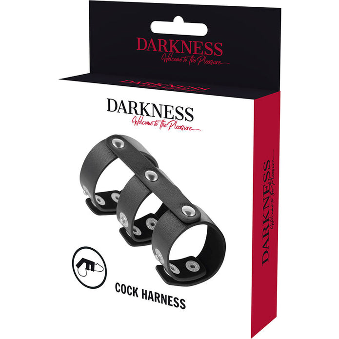 DARKNESS – JUSTERBAR PENIS- OCH TESTIKELRING I LÄDER