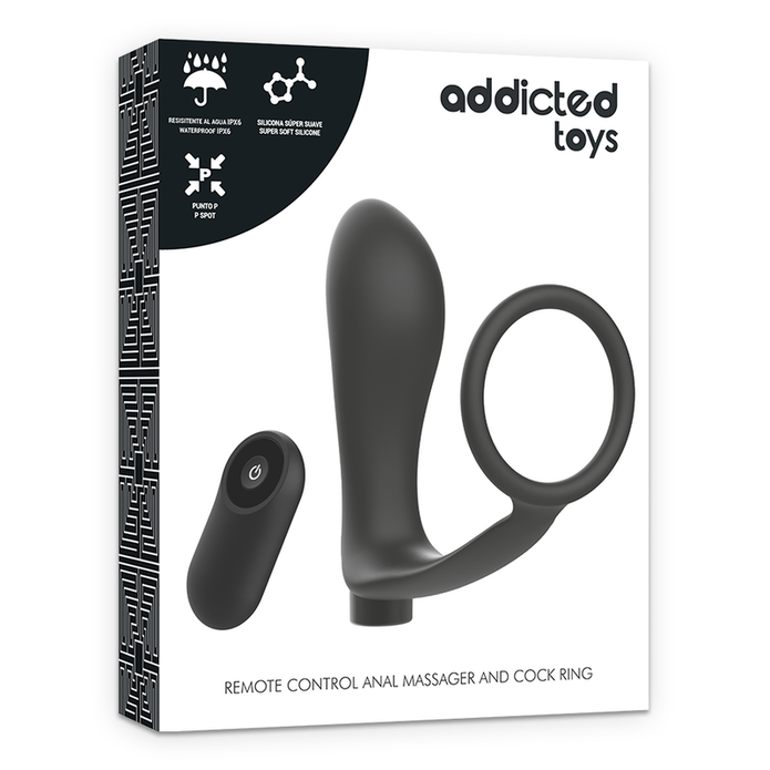 ADDICTED TOYS - Musta uudelleenladattava penisrengas ja kaukosäätimellä ohjattava anaalitappi