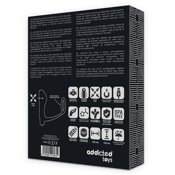 ADDICTED TOYS - Musta uudelleenladattava penisrengas ja kaukosäätimellä ohjattava anaalitappi